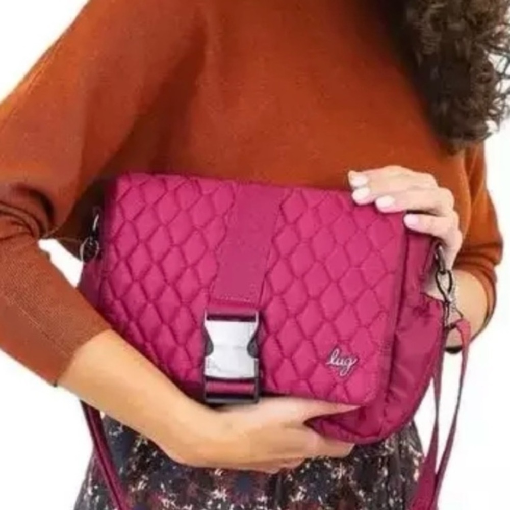 Lug Quilted Flap Crossbody Harness Bag Raspberry Pink Nylon Purse Satchel Bold